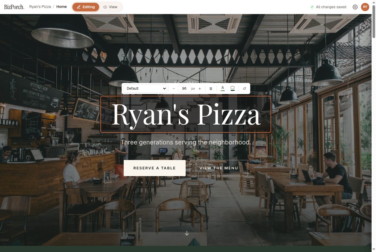 The BizPorch editor: a restaurant website in edit mode with a floating style toolbar over the headline